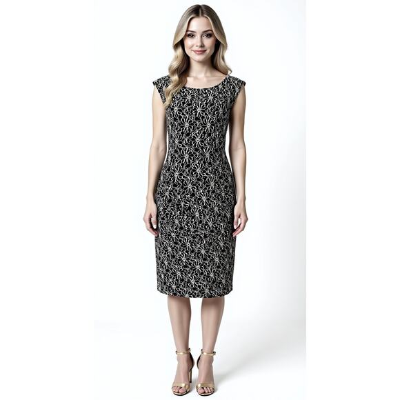 NWT Connected Apparel Black & Gold Shift Cocktail Dress Size 8 P Wedding Guest - Picture 1 of 10